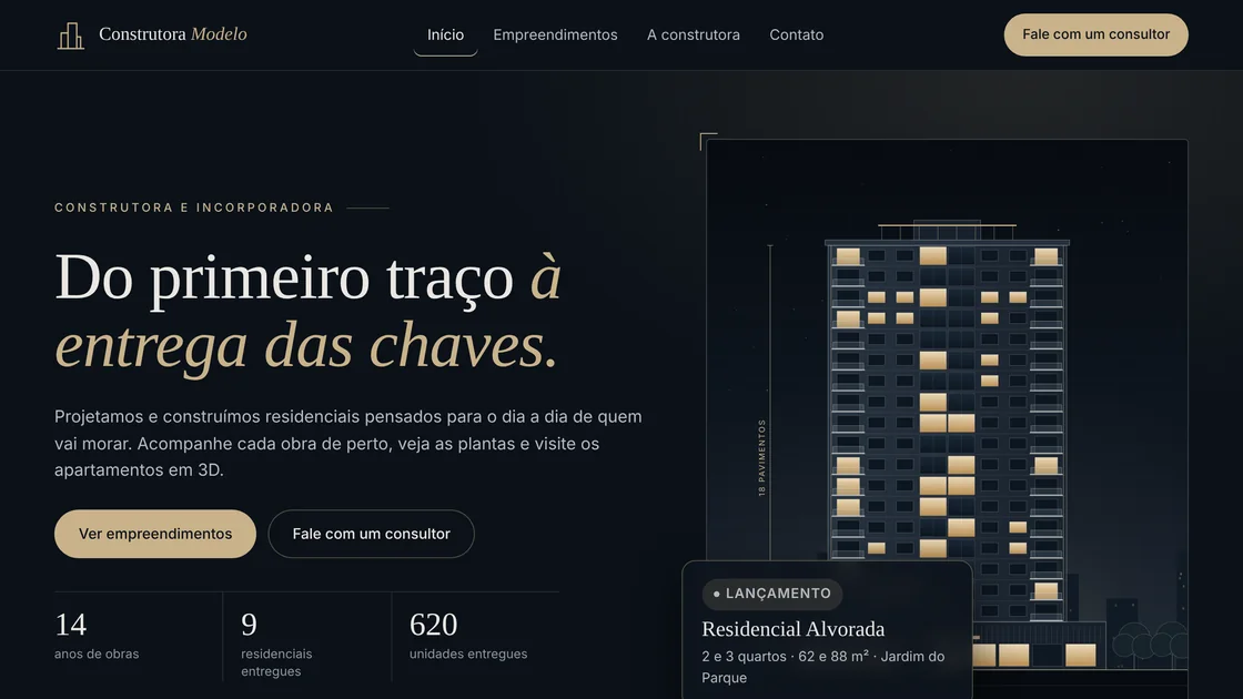 Página inicial do site de demonstração: título Do primeiro traço à entrega das chaves e a ilustração de um edifício à noite.
