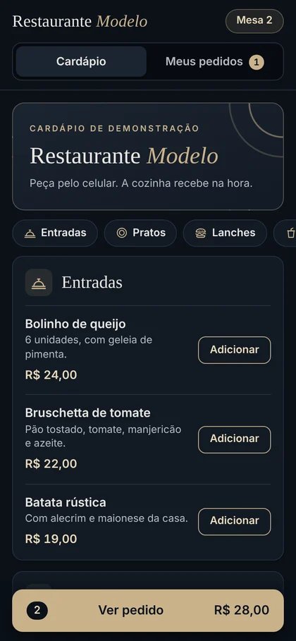 Cardápio no celular do cliente, identificado como mesa 2, com dois itens no pedido.
