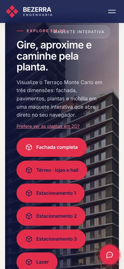 Página do Terraço Monte Carlo no celular, na seção de maquetes 3D, com botões para fachada, térreo, estacionamentos e lazer.