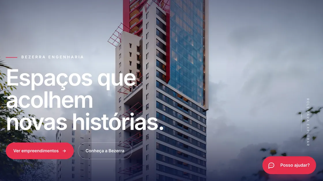 Página inicial do site da Bezerra Engenharia, com a frase Espaços que acolhem novas histórias sobre a imagem de um edifício.