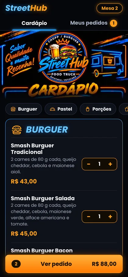Cardápio do StreetHub no celular.